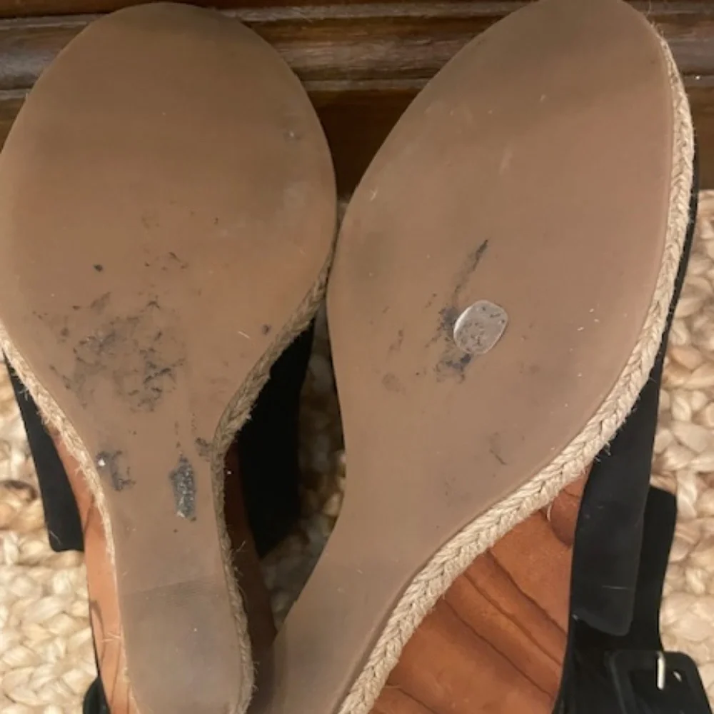 Black Suede Wedge Sandal with Wood-Effect Heel